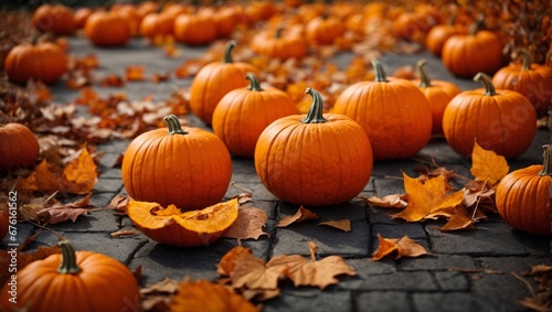 Orange pumpkins and autumn leaves on outdoor background, generative AI