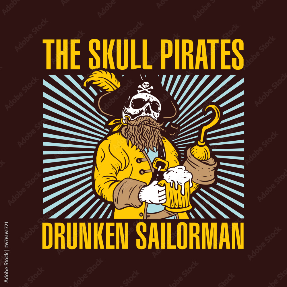 Skull Pirate Holding Glass of Beer Hand Drawing Vector Illustration Drunken Sailorman Club