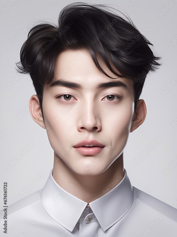 young and beautiful asian man with long brown curly hair and white eyes, posing in studio on gray background, beauty fashion model, fashion style, young and beautiful asian man with long brown curly hair and white eyes, posing in studio on gray background, beauty fashion model, fashion style,