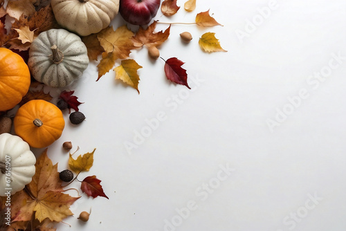 Orange pumpkins and autumn leaves on plain white surface, generative AI
