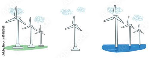 風力発電、再生可能エネルギー風力タービンのベクターイラスト