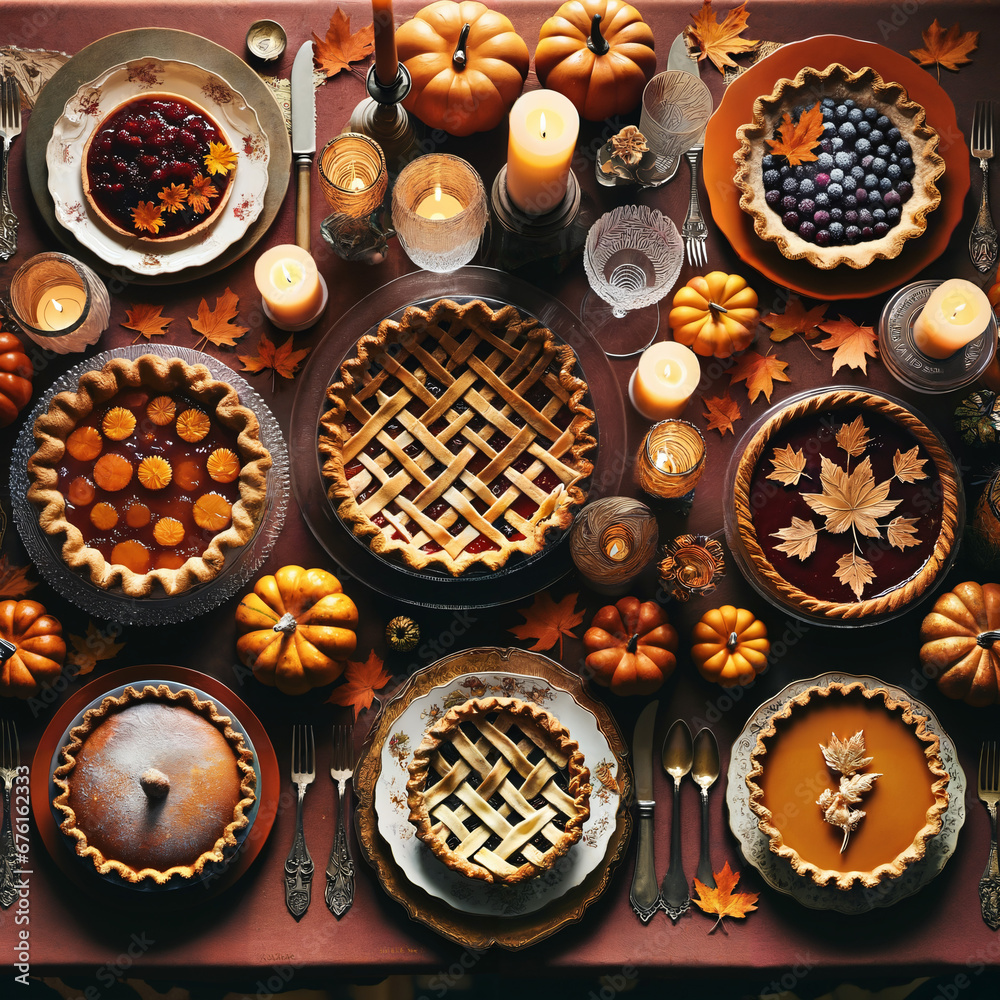 A beautifully decorated Thanksgiving desert table from an aerial view. The tablecloth is a rich burgundy color, complementing the orange hues