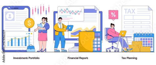 Investment portfolio  financial report  tax planning concept with character. Wealth management abstract vector illustration set. Asset allocation  fiscal responsibility  financial strategy metaphor