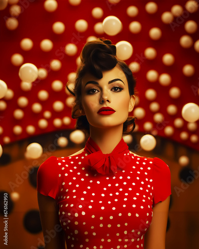 Woman in a polka dot dress stands against a red wallpaper backdrop, while white balls float in the air around her