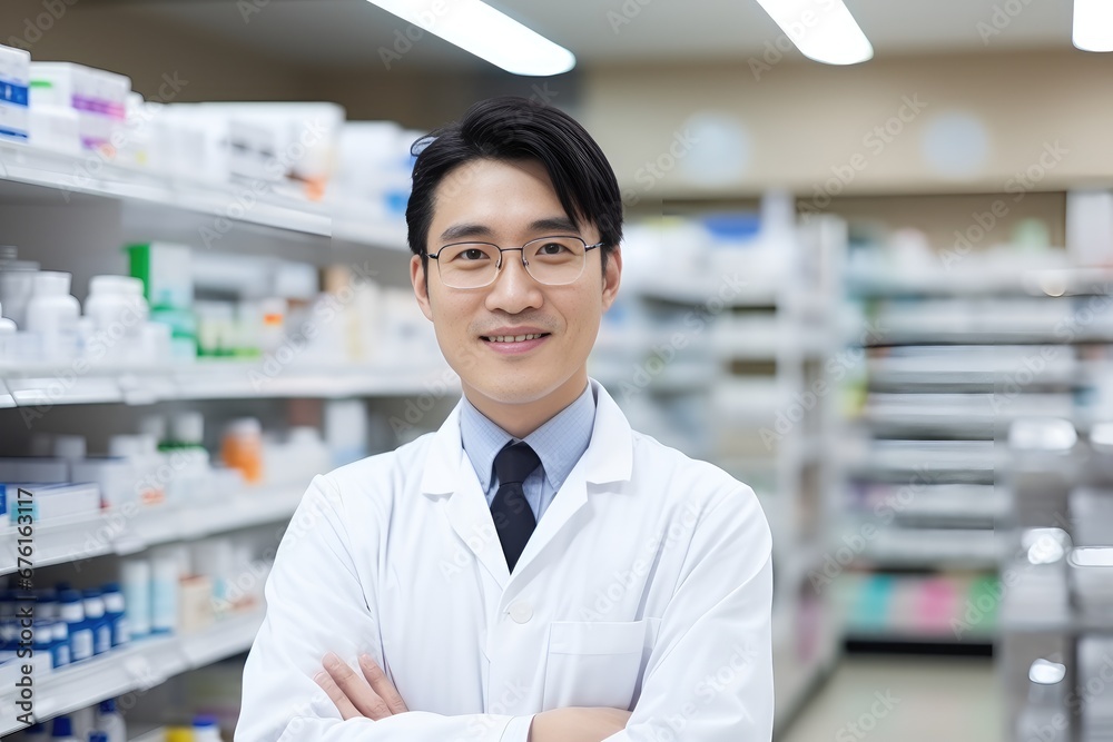 Pharmacy, smiling attendant posing looking at the camera