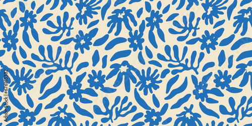 Abstract blue flower art seamless pattern. Trendy contemporary floral nature shape background illustration. Natural organic plant leaves artwork wallpaper print. Vintage spring texture.