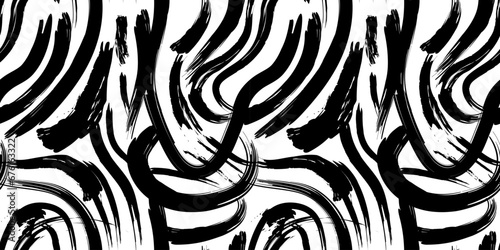 Black and white abstract brush stroke painting seamless pattern illustration. Modern paint line background in monochrome color. Messy graffiti sketch wallpaper print, rough hand drawn texture. photo