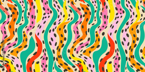 Colorful abstract brush stroke painting seamless pattern illustration. Modern paint line background in fun summer color. Messy ink sketch wallpaper print, freehand rough hand drawn texture.