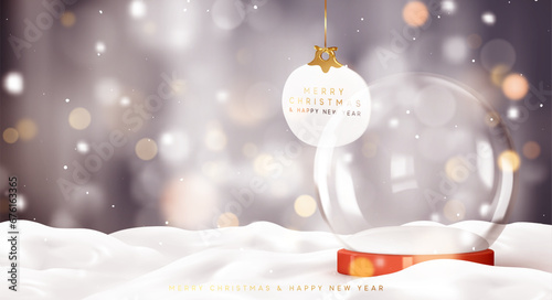 Christmas empty glass snow globe stands in snow on background of gray blurred light bokeh. Hanging on gold ribbon decorative paper label. Realistic 3d design Xmas magical snow ball vector illustration
