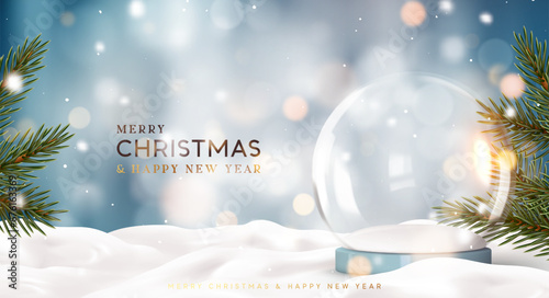Christmas empty glass snow globe stands in snowy, green tree branches along the borders, background of blue gold blurred light bokeh. Realistic 3d design Xmas magical snow ball. vector illustration