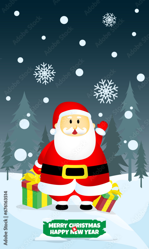 Merry Christmas and Happy New Year poster with Santa Claus standing among gift boxes in a snow field