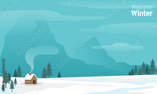 Welcome Winter banner with a small house in the middle of the ice field