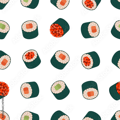 Maki sushi seamless vector pattern. Japanese roll with raw salmon, tuna, red caviar, cucumber, avocado and rice wrapped in nori seaweed. Fresh Asian appetizer, fish delicacy. Flat cartoon background
