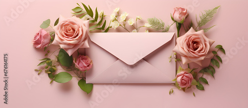 Pink Roses with Blank Card: Romantic Setting for Love Letter - Pink Background with Space for Love Note