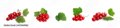 Ripe red currants and green leaves isolated on white, set