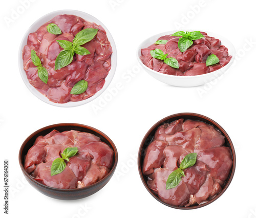 Fresh chicken liver in bowls isolated on white, collection. Top and side views