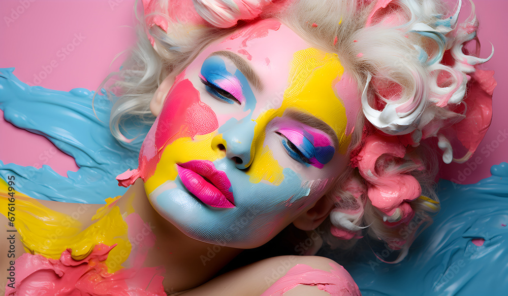  A Woman's face Covered in  Rainbow Colors—A Dramatic Image Ideal for LGBTQ+ Campaigns and Beauty Trends, The concept of pride, a symbol of love and passion