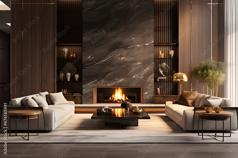 Naklejka premium Elegant and modern living room 3d interior with open fireplace, in the style of light gold and dark beige, marble, minimalist