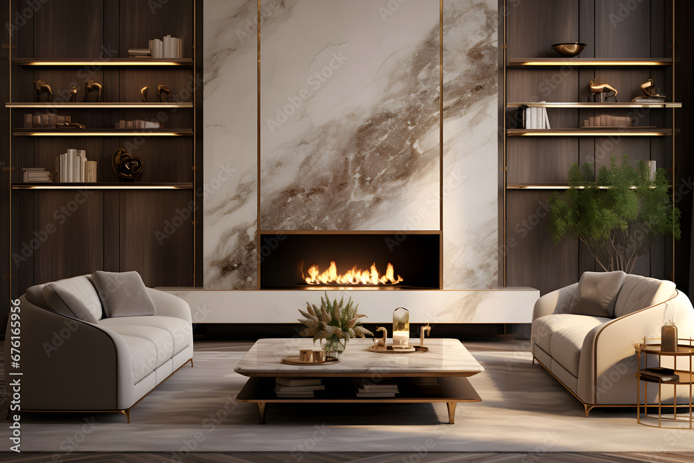 Naklejka premium Elegant and modern living room 3d interior with open fireplace, in the style of light gold and dark beige, marble, minimalist