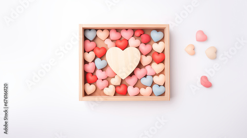 Valentine’s Day concept: bird-eye view of a wooden box with pestle color hearts inside, isolated blank background for copy space © Kuo