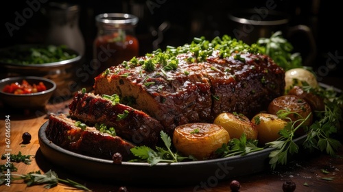 delicious meatloaf with vegetable topping, black and blurred background