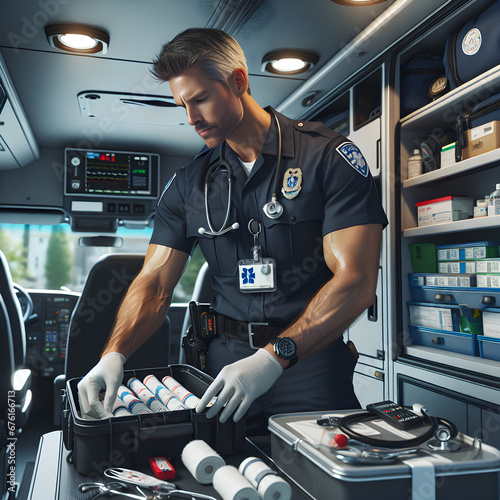 Male EMT or ambulance worker prepares medical supplies in the back of an ambulance, worker, vehicle, equipment, people photo