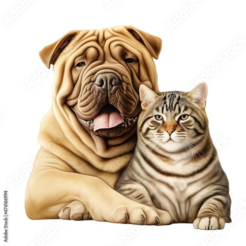portrait capturing the joyful interaction between a cheerful Shar Pei and an amicable cat, both in full view