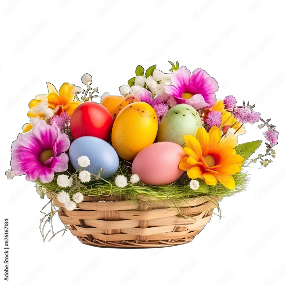 Easter eggs and flowers on the basket isolated on white background