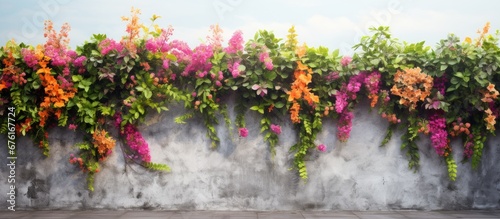 The wall in the city was adorned with a vibrant spring design featuring a background of lush green leaves a pattern of colorful flowers and a texture reminiscent of a summer garden in nature