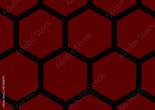 Fototapeta Naklejka Na Ścianę i Meble -  Hexagonal pattern with red cells featuring vertical lines and black space adorned with dots and stripes