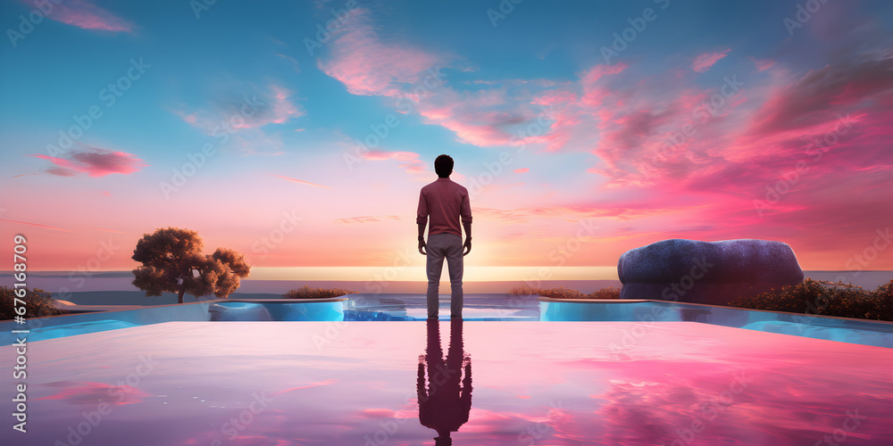  Surreal Temptation: Non-Realistic Figure, Pyramid, and Pink Tones with Ample Copy Space - Inviting Imagination and Interpretation in a Surreal Landscape, a man standing in front of a surreal environm