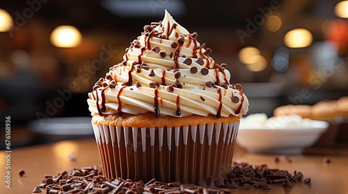 Delicious sweet cupcake with chocolate and cream topping, blur background