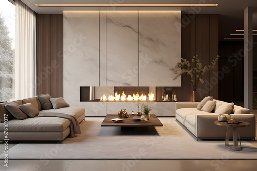 Fototapeta Naklejka Na Ścianę i Meble -  Elegant and modern living room 3d interior with open fireplace, in the style of light gold and dark beige, marble, minimalist
