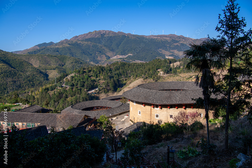 Close up on the Tulou building at Tianluokeng Tulou cluster, Fujian, China