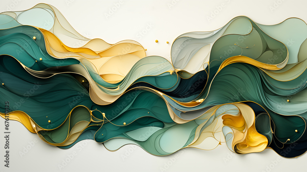 Artistic green, gold Christmas waves background. Flowing wavy special effect emerald and yellow abstract waves fantasy backdrop. Magic Holiday modern art, happy Holliday green waves copy space banner - obrazy, fototapety, plakaty 
