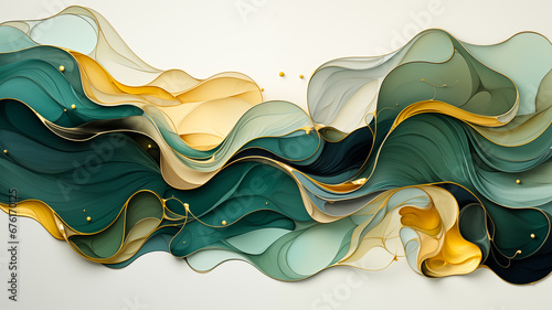 Artistic green, gold Christmas waves background. Flowing wavy special effect emerald and yellow abstract waves fantasy backdrop. Magic Holiday modern art, happy Holliday green waves copy space banner photo