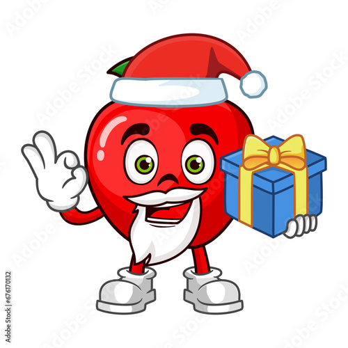 Apple fruit santa cartoon character holding a gift