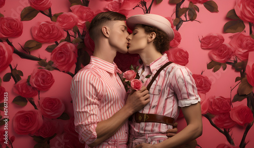 Two Young Men with roses in a Love Scene: Love and Valentine's Day in a Surreal Environment. Love card. Love, Romance and Pride Card