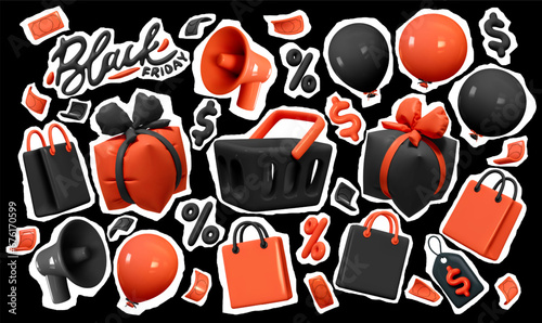 Collage realistic 3d clipping element style paper cut sticker. Holiday Black Friday Sale set of themed decorative objects for design black red color. vector illustration