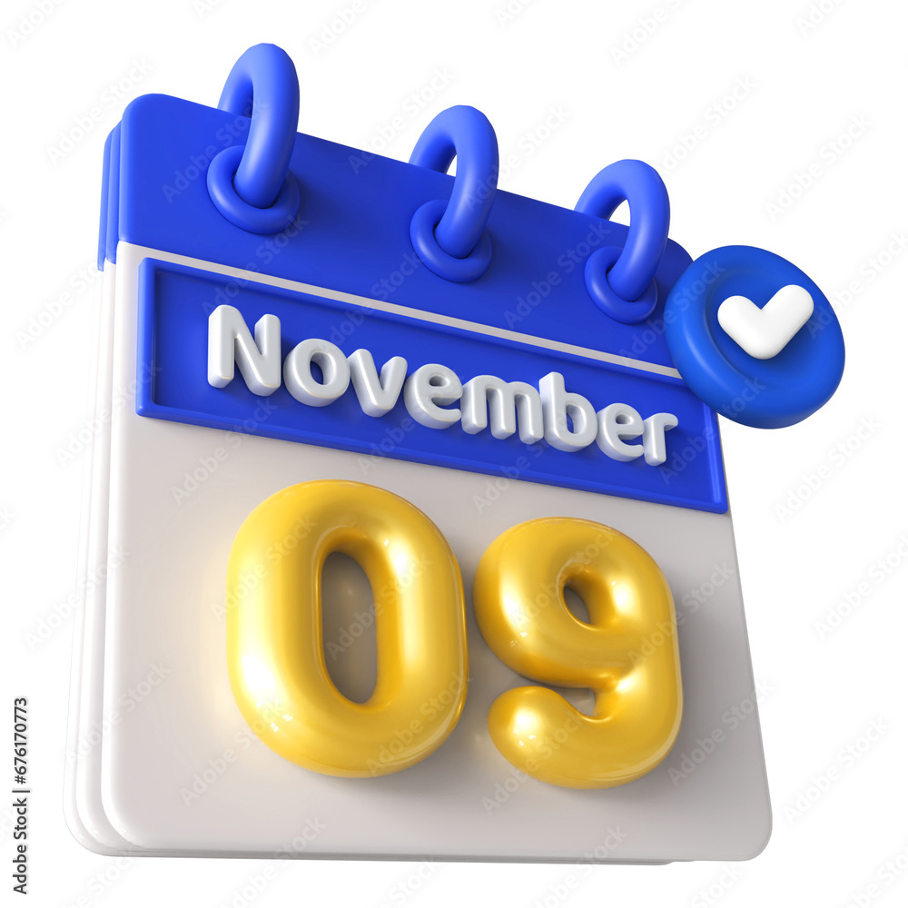 9th November Calendar 3D Render With Check Mark Icon 9th November Calendar 3D Render With Check Mark Icon