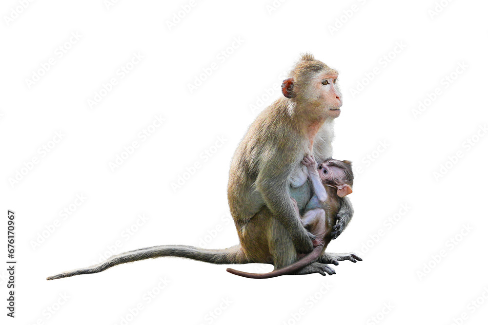 Baby monkey sit suckling milk hungry and happy in arms its mother look cute. It feelings delicious, warm, safe, in natural forest park.  Isolated on white background with clipping path, transparent