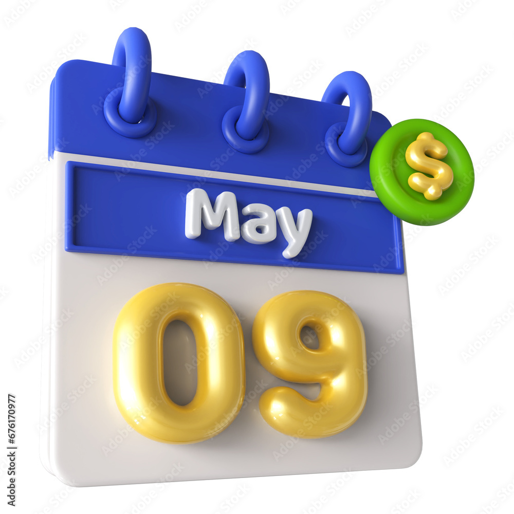 9th May Calendar 3D Render With Dollar Symbol 9th May Calendar 3D Render With Dollar Symbol