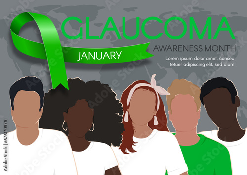 Horizontal banner for Glaucoma Awareness Month with a green ribbon, diverse people, and a world map. Modern flat vector illustration