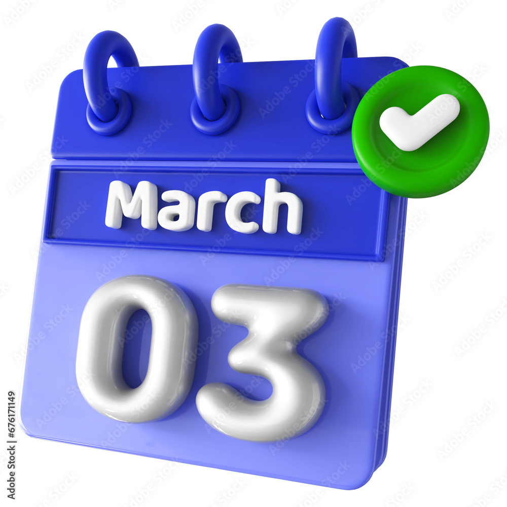 3rd March Calendar 3D Render With Check Mark Icon 3rd March Calendar 3D Render With Check Mark Icon
