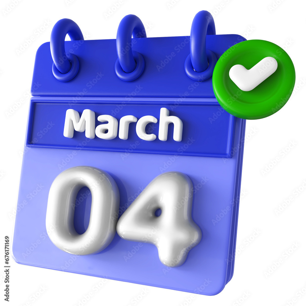 4th March Calendar 3D Render With Check Mark Icon 4th March Calendar 3D Render With Check Mark Icon