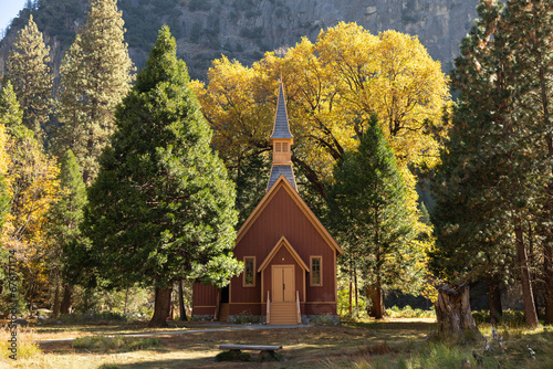 Yosemite Valley Chapel and tress in October, beautiful fall colors 