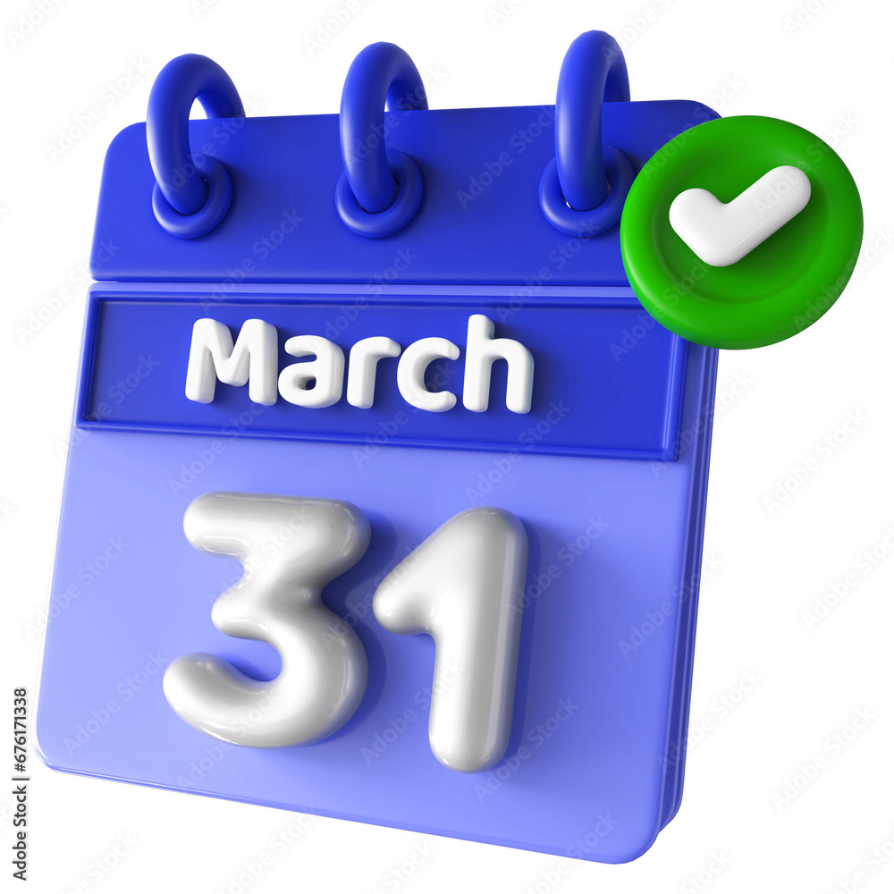 31st March Calendar 3D Render With Check Mark Icon 31st March Calendar 3D Render With Check Mark Icon