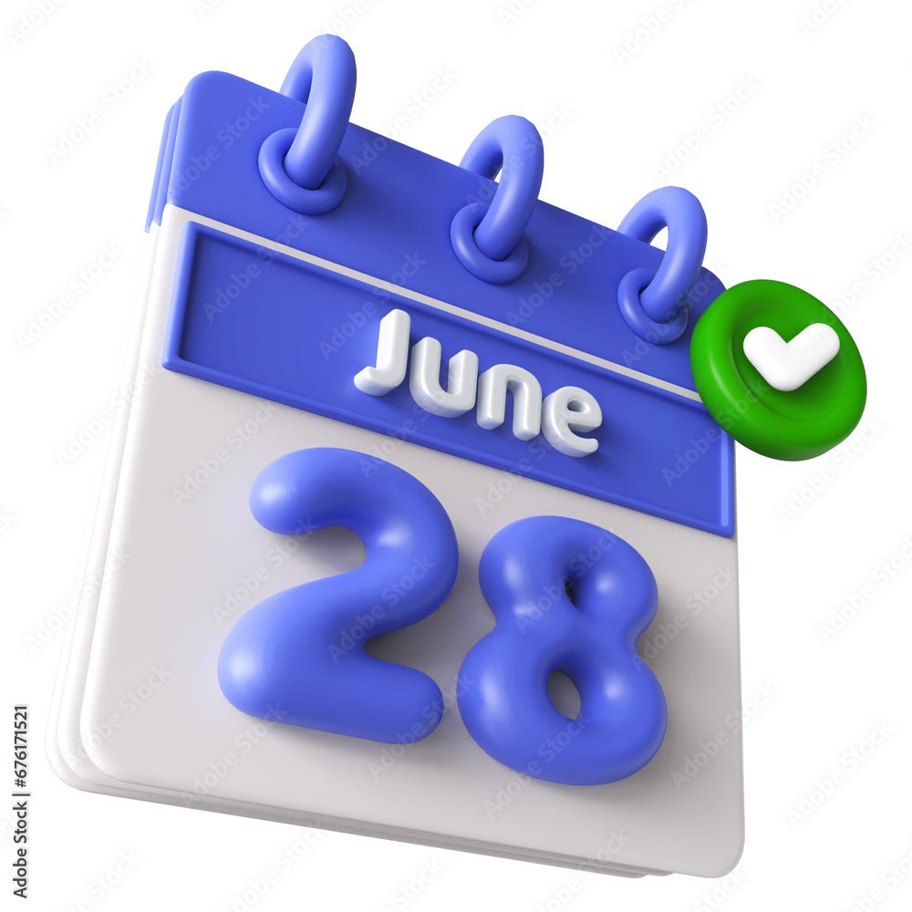 28th June Calendar 3D Render With Check Mark Icon 28th June Calendar 3D Render With Check Mark Icon