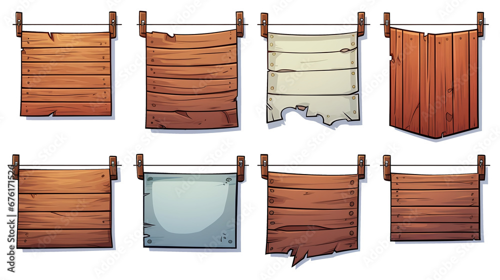 Cartoon and Game style set of wooden sign board collection with colors, Vintage Retro, isolated background, png Cartoon and Game style set of wooden sign board collection with colors, Vintage Retro, isolated background, png