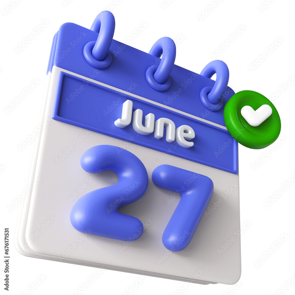 27th June Calendar 3D Render With Check Mark Icon 27th June Calendar 3D Render With Check Mark Icon